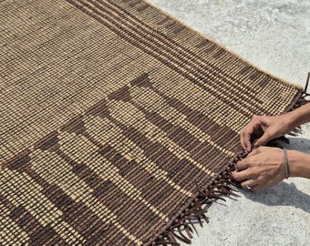 Handwoven African Tuareg Jute & Leather Rug | Tribal Boho Moroccan Style Carpet