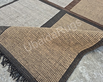 Handwoven Jute Leather Rug, Tuareg Geometric Tribal Carpet, Boho Living Room 5x8