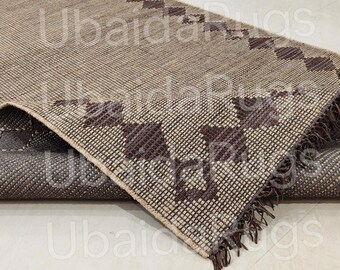Handwoven Jute Leather Area Rug, Boho Tribal Natural Fiber Carpet, Living Room Decor