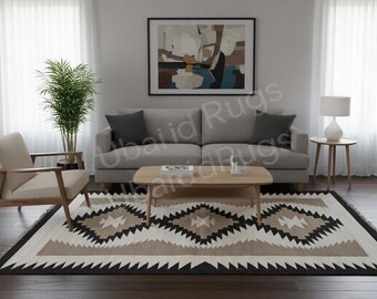 Handwoven Wool Kilim Rug, Geometric Tribal Ivory Brown, Flatweave Area Carpet