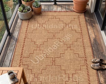 Handwoven Jute Leather Rug | Boho Geometric Farmhouse Carpet | Rustic Living Room (Custom Size)