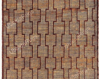 Handspun Jute Leather Rug | Tuareg Tribal Geometric Boho Living Room Carpet