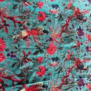 Aqua Blue Floral Bird Velvet Fabric by Yard – Soft Printed Upholstery & Dress Material image 2