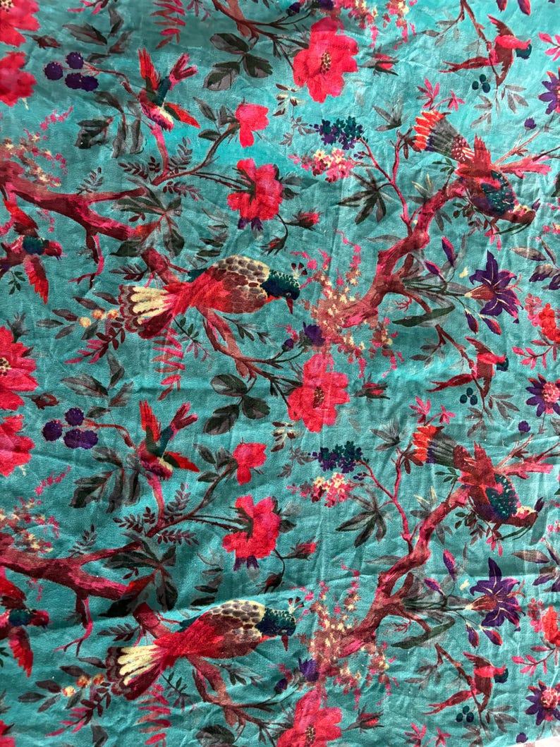 Aqua Blue Floral Bird Velvet Fabric by Yard – Soft Printed Upholstery & Dress Material image 2
