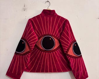Statement Eye Velvet Jacket, Burgundy Boho Cropped Art Coat, Festival Fashion