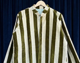 Olive Green Striped Velvet Jacket | Handmade Boho Coat