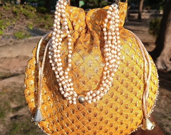 Golden Embroidered Potli Bag: Indian Wedding Clutch with Pearl Handle