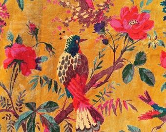 Mustard Floral Bird Velvet Fabric – Vintage Boho Upholstery Material