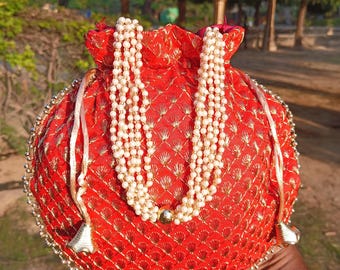 Handcrafted Red Silk Potli Bag: Indian Wedding Purse with Pearl Handle