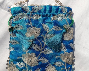 Blue Silk Potli Bag: Golden Embroidery, Pearl Handle Indian Clutch