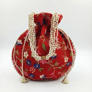 Red Velvet Embroidered Bridal Potli Bag