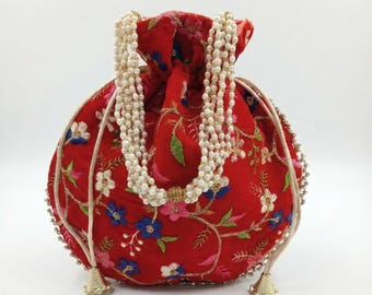 Red Velvet Embroidered Bridal Potli Bag
