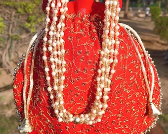Handmade Red Embroidered Potli Bag: Pearl Handle Indian Wedding Clutch