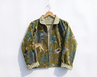 Green Velvet Jungle Print Quilted Jacket | Handmade Winter Wear