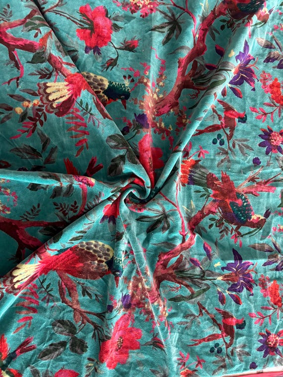 Aqua Blue Floral Bird Velvet Fabric by Yard – Soft Printed Upholstery & Dress Material