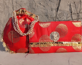 Red Gold Brocade Potli Clutch Set | Indian Wedding Favor