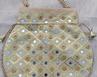 Embroidered Silk Potli Bag: Pearl Handle Indian Wedding Clutch