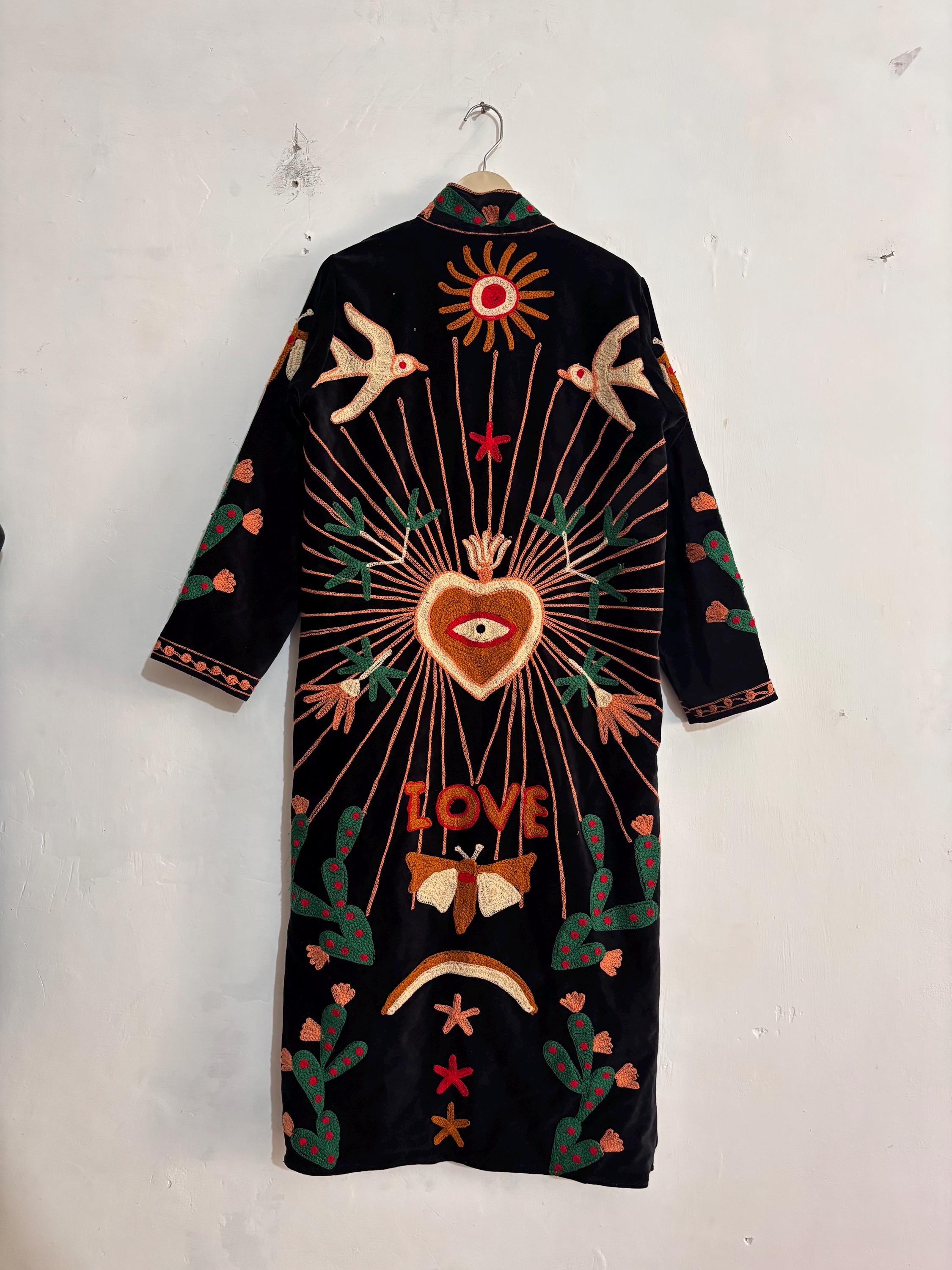 Embroidered Velvet Duster Jacket Boho Southwestern Kimono, Festival Western Coat