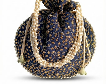 Navy Blue Velvet Embroidered Potli Bag