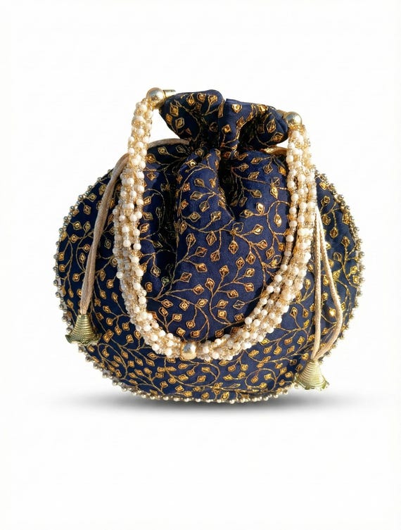 Navy Blue Velvet Embroidered Potli Bag