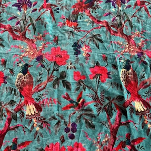 Aqua Blue Floral Bird Velvet Fabric by Yard – Soft Printed Upholstery & Dress Material image 4