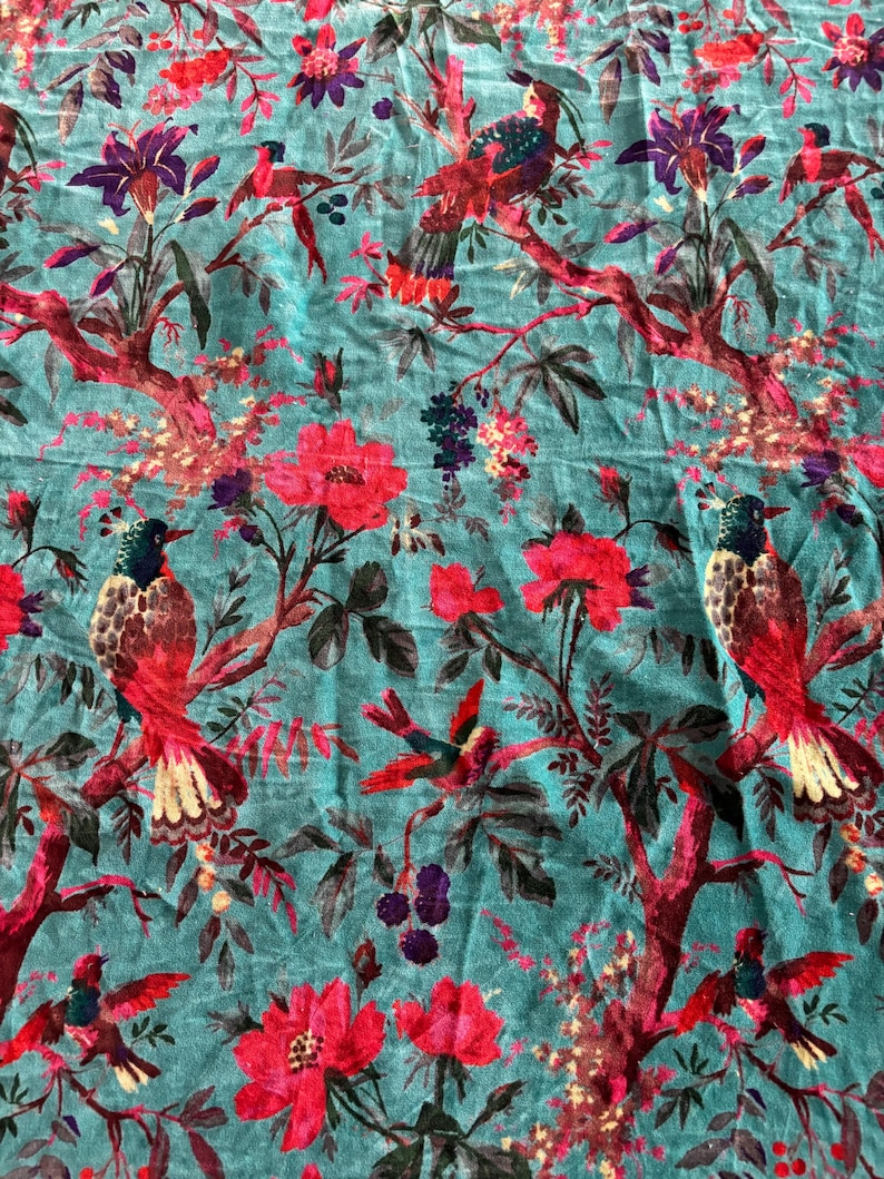 Aqua Blue Floral Bird Velvet Fabric by Yard – Soft Printed Upholstery & Dress Material image 4