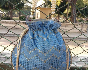 Handmade Blue Potli Bag: Embroidered Indian Wedding Clutch with Pearl Handle