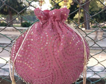 Bolso Potli de lentejuelas rosas hecho a mano: Clutch de boda indio