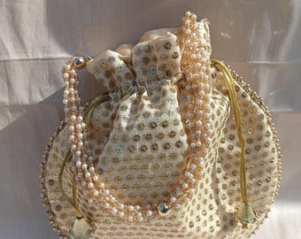 Embroidered Silk Potli Bag: Pearl Handle Indian Wedding Clutch