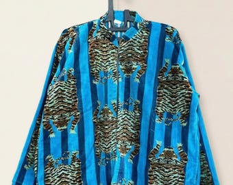 Blue Tiger Print Cotton Velvet Jacket | Handmade Quilted Jacket | Boho Ethnic Outerwear