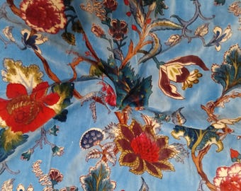 Blue Floral Printed Velvet Fabric | Luxury Upholstery Sewing, By The Yard