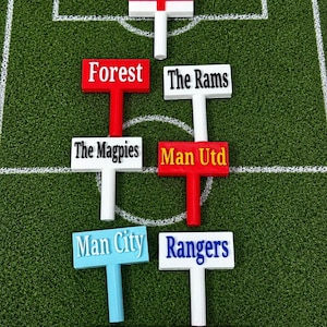 May include: A collection of colorful, T-shaped signs with team names and the word "England" on a white sign with a red cross. The signs are arranged on a green field with white lines, resembling a soccer pitch.