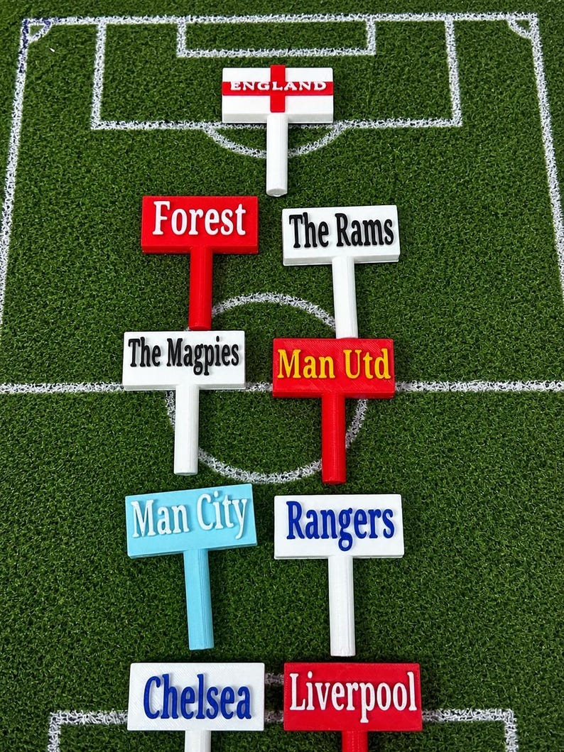 May include: A collection of colorful, T-shaped signs with team names and the word "England" on a white sign with a red cross. The signs are arranged on a green field with white lines, resembling a soccer pitch.