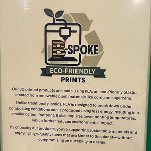 May include: An image with the text "B-SPOKE ECO-FRIENDLY PRINTS". The graphic shows a 3D printer with a plant sprout on top. The text below states the products are made with eco-friendly plastic from renewable plant materials.