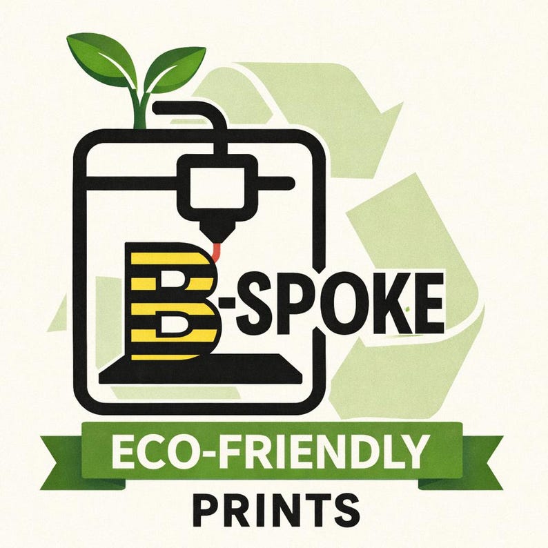 May include: A logo featuring a 3D printer with the text "B-SPOKE" in a stylized font, with a green plant growing from the top. Below, a green banner reads "ECO-FRIENDLY PRINTS". A recycling symbol is in the background.