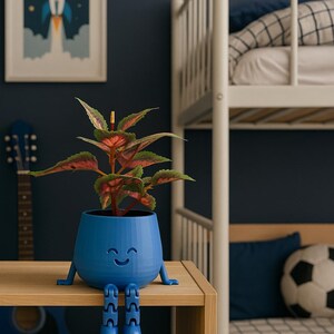 May include: A blue planter with a smiling face and legs, holding a plant with red and green leaves. The planter sits on a wooden shelf in a room with a bunk bed and a rocket ship picture.