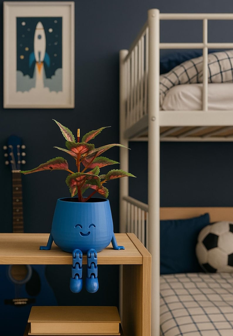 May include: A blue planter with a smiling face and legs, holding a plant with red and green leaves. The planter sits on a wooden shelf in a room with a bunk bed and a rocket ship picture.
