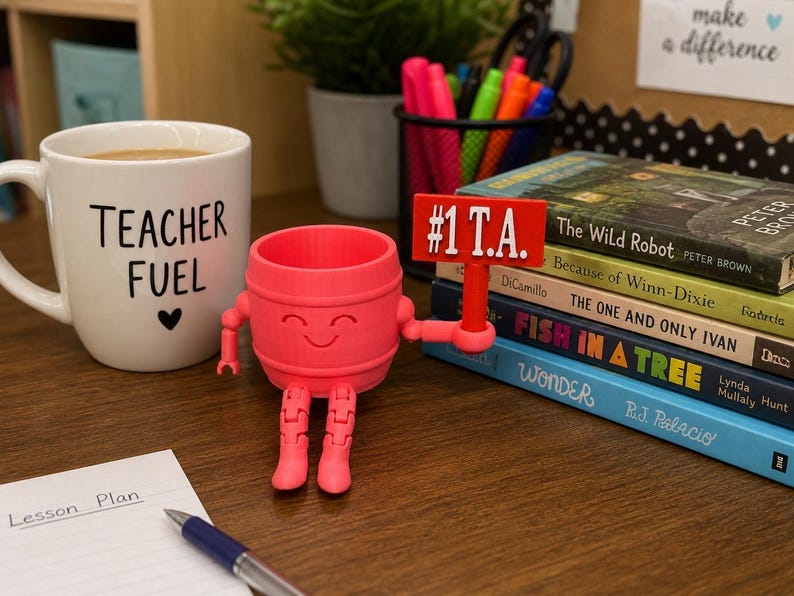 May include: A bright pink, 3D-printed barrel-shaped character with articulated arms and legs, holding a red sign that reads #1 T.A. The character sits next to a white mug labeled Teacher Fuel, a stack of books, and a notepad with a blue pen.