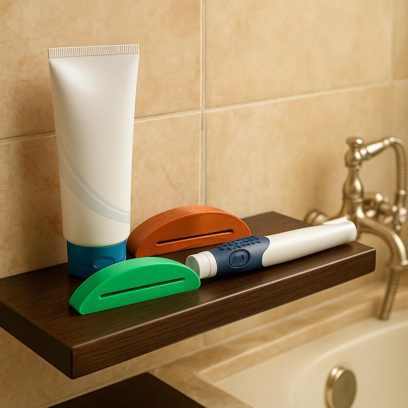 May include: A white tube of lotion with blue and gray accents, a green tube squeezer, and an orange tube squeezer sit on a dark brown shelf. A white and blue pen-like object is also on the shelf. The shelf is in a bathroom setting.