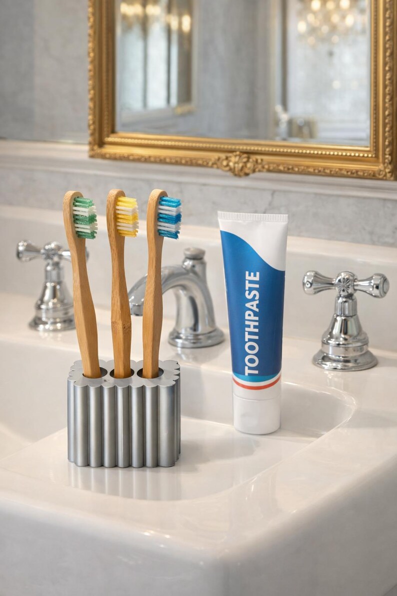 May include: A bathroom sink setup featuring three bamboo toothbrushes with green, yellow, and blue bristles in a silver holder. A tube of toothpaste with the word "TOOTHPASTE" in blue is also present.