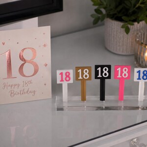 Puede incluir: Tarjeta de cumplea&ntilde;os n&uacute;mero 18 con globos rosas y el texto "Happy 18th Birthday". Junto a ella, cinco peque&ntilde;os letreros con el n&uacute;mero 18 en rosa, dorado, negro, rosa y azul.