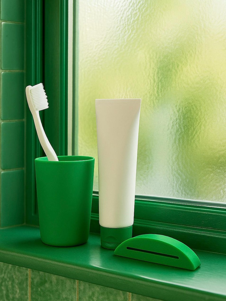 May include: A green toothbrush in a green cup, a white tube of toothpaste, and a green toothpaste tube squeezer sit on a green windowsill. The background is a window with a frosted glass effect.