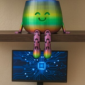 May include: A whimsical, rainbow-colored pen holder with a smiling face and articulated legs, perched on a shelf. The holder contains various pens. The background includes a computer monitor, keyboard, and mouse, suggesting an office or desk setting.