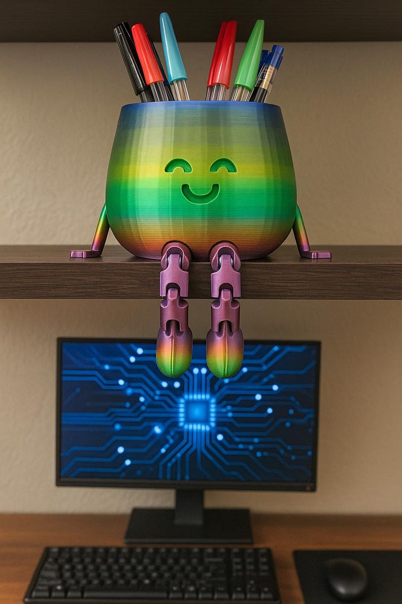 May include: A whimsical, rainbow-colored pen holder with a smiling face and articulated legs, perched on a shelf. The holder contains various pens. The background includes a computer monitor, keyboard, and mouse, suggesting an office or desk setting.