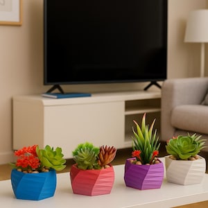 May include: Four colourful geometric planters with artificial succulents on a white table. The planters are blue, red, purple, and white. The succulents have green, orange, and red accents. A TV and a white cabinet are in the background.