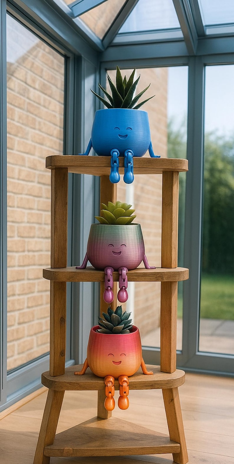May include: Three smiling, colorful planters with attached legs and arms, each holding a succulent plant. The planters are blue, rainbow-colored, and orange, and are arranged on a wooden shelf unit. The background includes a brick wall and a window.