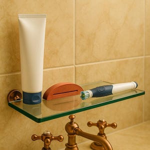 May include: A bathroom shelf with a tube of toothpaste, a red soap holder, and an electric toothbrush. The shelf is made of glass and is mounted on a wall with beige tiles. The faucet is bronze-colored.