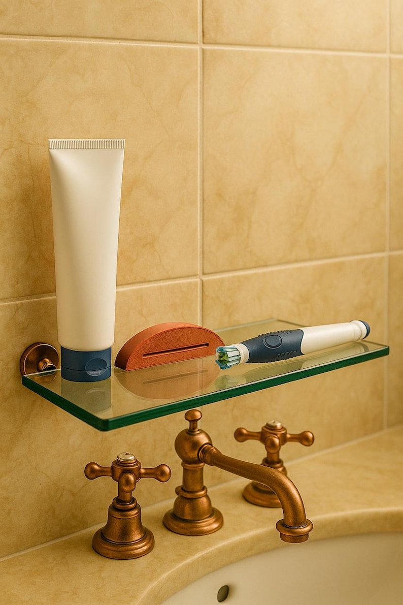 May include: A bathroom shelf with a tube of toothpaste, a red soap holder, and an electric toothbrush. The shelf is made of glass and is mounted on a wall with beige tiles. The faucet is bronze-colored.