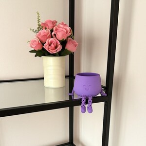 May include: A purple planter with a smiling face and attached legs sits on a black metal shelf. A bouquet of pink roses in a cream-colored tin can vase is on the shelf. The shelf is part of a black metal shelving unit.
