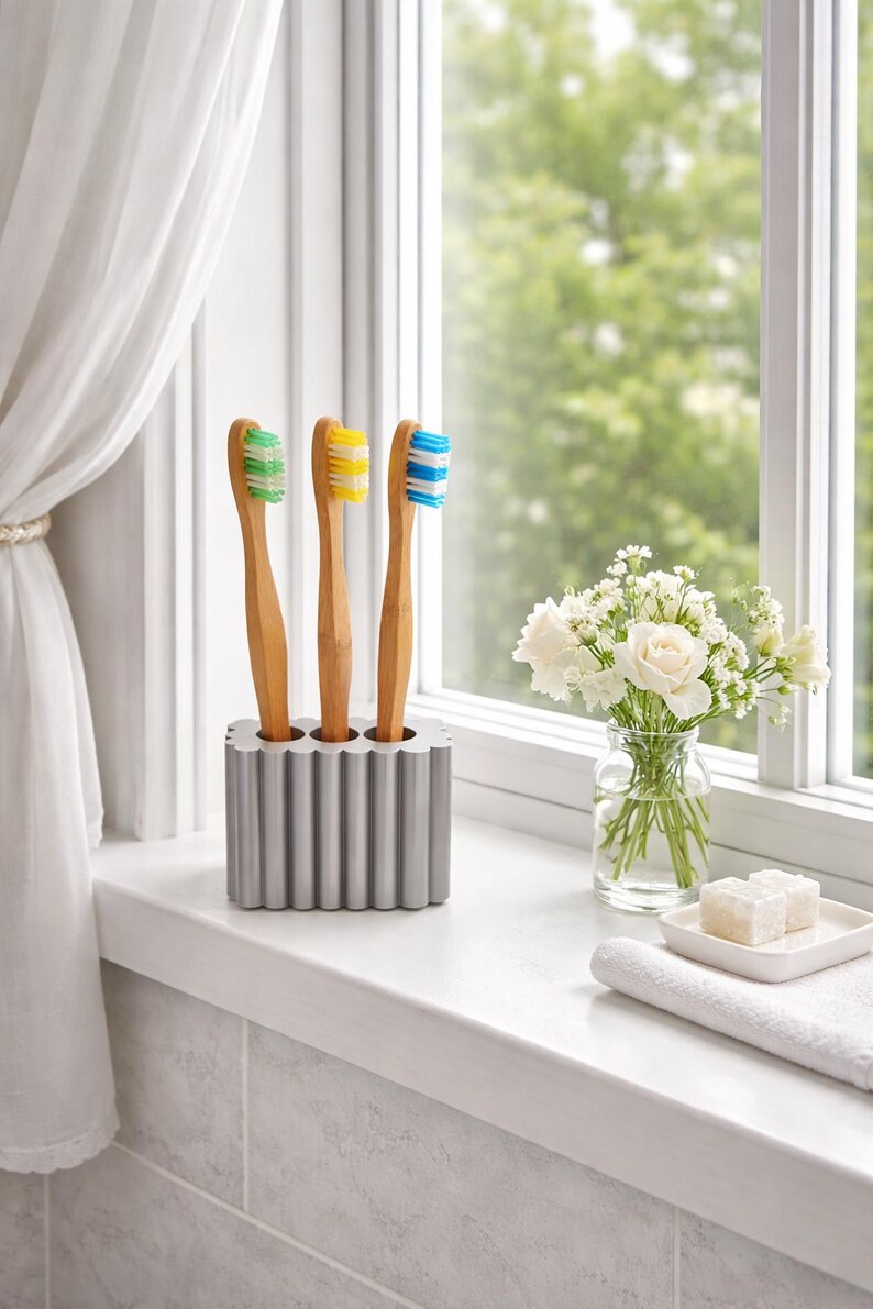 May include: Three bamboo toothbrushes with green, yellow, and blue bristles are in a silver holder. The holder sits on a windowsill next to a vase of white flowers and a white towel. The toothbrushes are a natural, eco-friendly option.